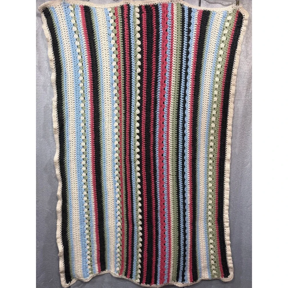 Handmade Crochet Afghan Throw Blanket Striped Bobble‎ Stitch Boho Colorful 50x33